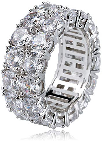 TOPGRILLZ Engagement Ring Men Gold Ring Cubic Zirconia Silver Ring Diamond Rings for Women 9mm Iced out 14K Gold Plated 2 Rows Round Cut Eternity Chunky Ring（Silver,10