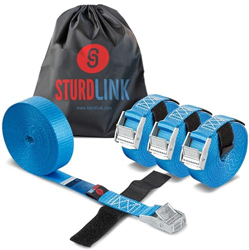 Sangles d'Arrimage à Griffe 25mm 5m 250kg Lot de 4 + Scratch + Sac Transport. Sangle avec Boucle à Came de Serrage pour Barre de toit, Galerie, Bagage, Porte Velo, Déménagement | EN 12195-2 Sturdlink®