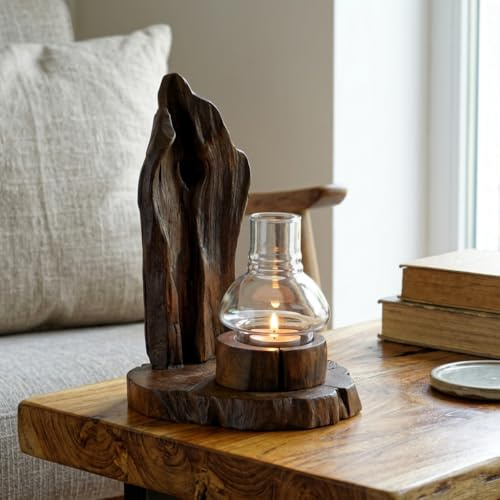 Rotträ lykta med glasklocka 27 cm – värmeljushållare av teak rotträ (rött trä) – ljushållare trä unik – dekoration vardagsrum boho naturstil (brun)
