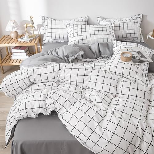 Michorinee Bettwäsche Kariert 135x200 Schwarz Weiß Microfaser Wendebettwäsche Grau Weiß Karomuster Bettbezug mit Reißverschluss 2 Teilig - 135 x 200 cm + 80 x 80 cm