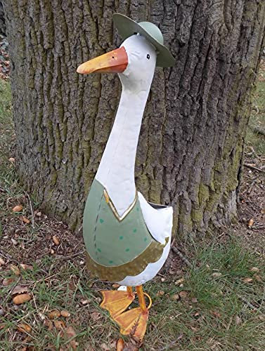 Deko-Impression Große Ente mit Hut Gartendekoration Eisen grün-weiß-gelb 59 cm