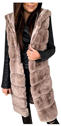SGSD Gilet da donna in pelliccia sintetica, giacca in pelliccia sintetica, con cappuccio, cachi, L