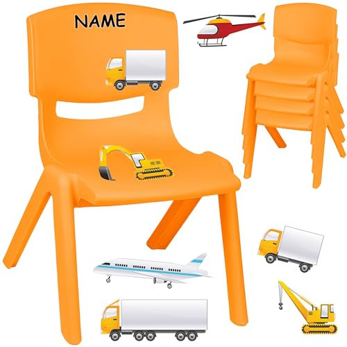 alles-meine.de GmbH Kinderstuhl/Stuhl - Motivwahl - orange + Sticker - Auto & Fahrzeuge Baustelle - inkl. Name - Plastik - bis 100 kg belastbar/kippsicher - für INNEN & AUßEN..