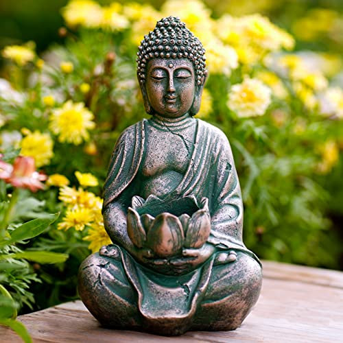 Yeomoo Figura de Buda de meditación, portavelas, decoración de salón, figuras de Buda con Lotus Zen, decoración de jardín para exteriores, con vela LED, regalo personalizado, cobre, 20 cm