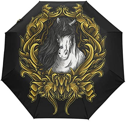 KAAVIYO Pferd Tier Graspflanze Regenschirm Automatik Auf-Zu Taschenschirm Umbrella Kompakt Schirme für Jungen Mädchen Strand Frauen