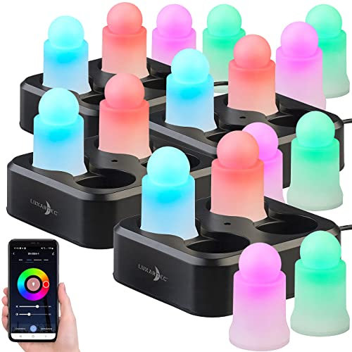 Lunartec LED Kerze Ladestation: 16er-Set wetterfeste LED-RGBWW-Kerzen mit Akku und Ladeschale, App (aufladbare Kerzen-Sets, mit Ladestation, Flamme)