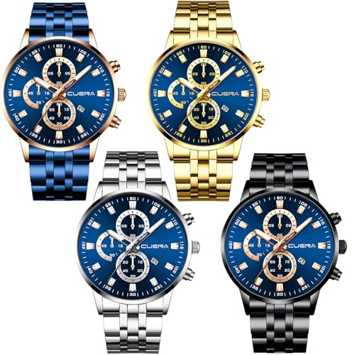 yunanwa 4 Pack Men's Watches Luxury Casual Dress Business Waterproof Military Quartz Wristwatches for Men Stainless Steel Band Gold Black Blue Silver Wholesales Set Assorted (Color C)
