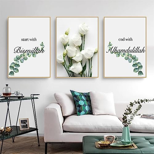 Herfair 3er Set Premium Poster Pflanzen Blumen Wandbilder, Islamisch Poster Wohnzimmer Grün Modern Wanddeko Bilder, Ohne Rahmen Leinwandbilder (50x70cm)