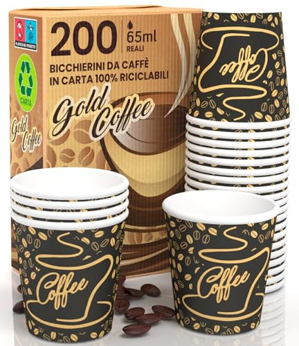 Eurocali Lot de 200 verres en papier pour café 65 ml CoffeeGoldCUP Verres écologiques biodégradables jetables pour petites boissons chaudes
