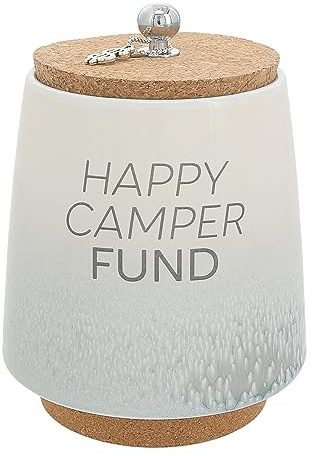 Pavilion Gift Company - Happy Camper 6.5-inch Unique Ceramic Piggy Bank Savings Bank Money Jar with Cork Base and Cork Lid, Ombre Gray