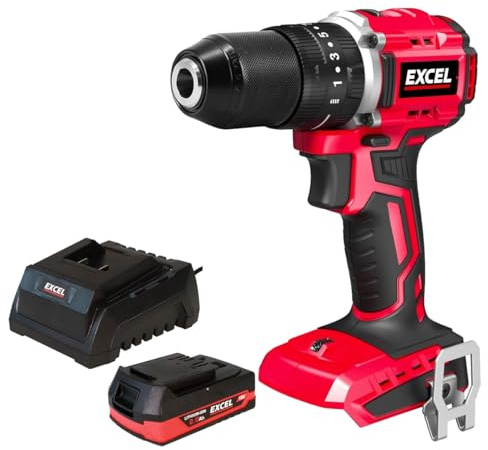 Excel 18V Cordless Brushless Combi Drill with 1 x 2.0Ah Battery & Charger - Variable Speed, Keyless Chuck, 2-Speed Setting, Brushless Motor, Power Tools Combo Kits