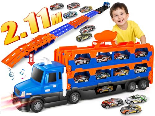 m zimoon Transport Truck Spielzeugauto für Jungen im Alter von 2, 3, 4, 5, 6 Jahren, Autotransporter Spielzeug Set mit Zwei 211 cm Spuren und 10 Rennautos, Geschenk für Jungen Mädchen 2-5 Jahre