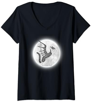 Femme Halloween Gargouille Chat pleine lune sorcière chat noir T-Shirt avec Col en V