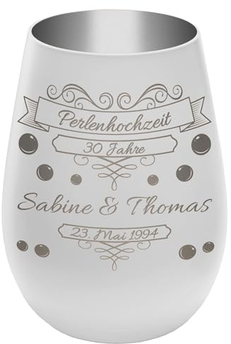 Windlicht mit Gravur ''30 Jahre Perlenhochzeit'' - Weiß/Silber - Glas Teelichthalter personalisierbar mit Wunschtext - Geschenk zu Hochzeit Jahrestag Jubiläum