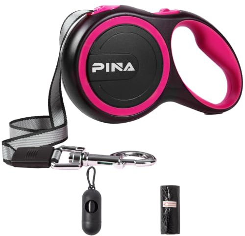 PINA Retractable Dog Leash, 26ft Dog Leash for Small Medium Large Dogs Up to 110lbs, 360° Tangle-Free Strong Reflective Nylon Tape, with Anti-Slip Handle, One-Handed Brake, Lock - Black Pink
