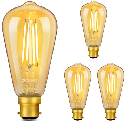 DiCUNO ST64 Vintage Light Bulb B22 6W, 60 Watt Equivalent, Antique/Retro Amber Glass Lamp, 2200K Warm White, Not-dimmable, Bayonet LED Filament Lamp Squirrel Cage, 660LM, 4 Pcs