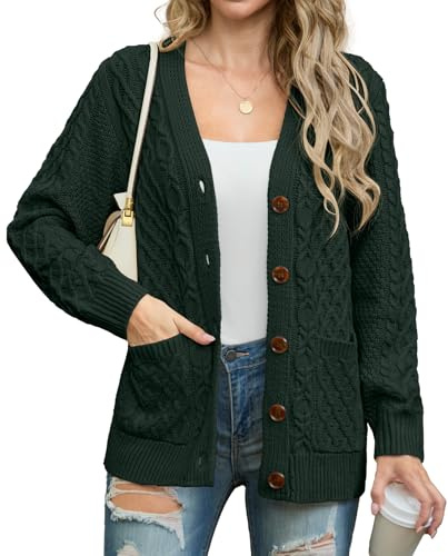 GRECERELLE Cardigans en tricot torsadé à manches longues pour femmes avec boutons, amples, avec poches pour l'hiver, l'automne et le printemps, vert foncé, XL