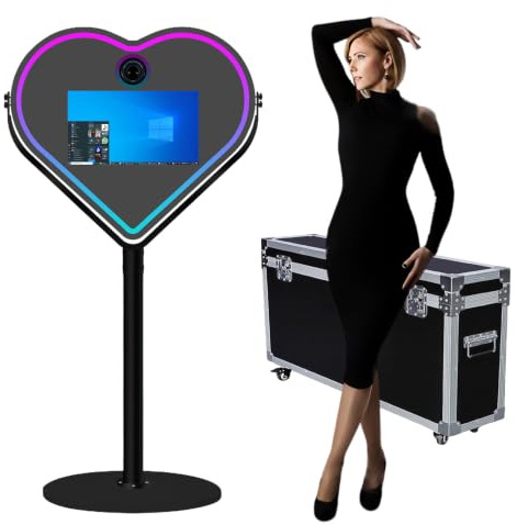 Cabine photo reflex numérique, miroir magique portable pour appareil photo, miroir en forme de cœur, écran tactile, cabine photo de 54,6 cm pour fêtes, location de mariage (Blcak+ étui de vol)