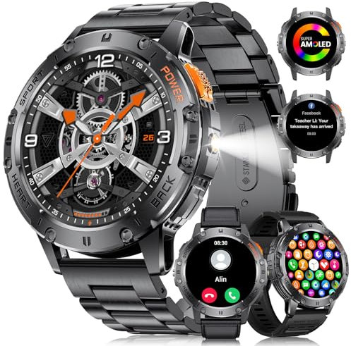 LIGE Montre Connectée Homme avec 3 Bracelets 530mAh 5ATM Étanche,1.43 Montre Tactile Connecté Militaire avec Torche LED Moniteur Fréquence Cardiaque Podomètre Fitness Tracker Smartwatch iOS Android