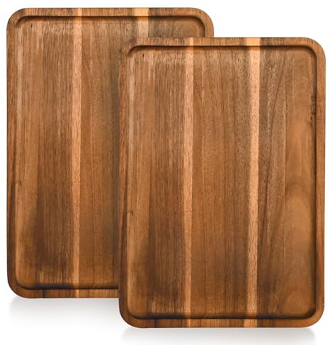 BIEOFFEI 2 Pcs Acacia Wood Serving Tray, Charcuterie Boards Rectangular Wooden Platter, Large Serving Tray Wood Kitchen Display Tray for Food, Cookie, Dessert, Fruit, Snack, Vegetable, 13 x 9 x 0.6