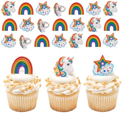 Culpitt Rainbow Unicorn Rings, Cupcake Decorations, Magical Food Safe Cake Toppers, Multi-Coloured – 24 Pack