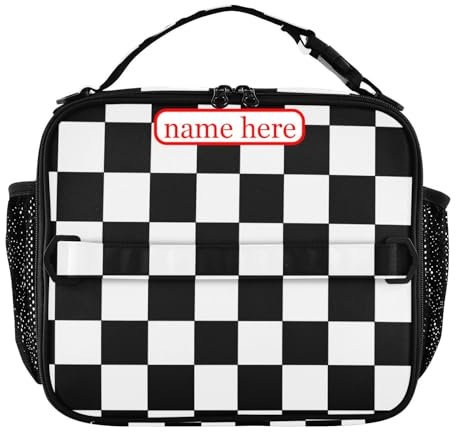 tplaotee Lonchera personalizada a cuadros en blanco y negro para niñas, bolsillos con cremallera, lonchera para adultos, correa ajustable para el hombro, bolsa de almuerzo aislada para la escuela,