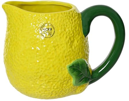 Jarra de cerámica de 15 cm en forma de limón, jarras y jarras – para beber – Jarra de agua, jarra de zumo de limonada, jarra decorativa para primavera y verano – Frutas vajilla amarillo verde
