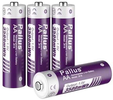Pallus AA Lithium Akku, 3500mWh (1,5V, 2333mAh), Wiederaufladbare AA Lithium Akku, 4 Stück langlebige AA Batterien, Zyklenzeiten über 1600, Kein Memory-Effekt, Niedrige Selbstentladungsrate
