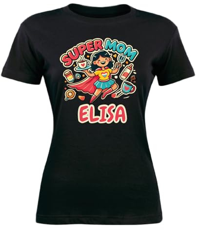 D&Vlab Maglietta T-Shirt Maglia da Donna Super Mom Personalizzata con Nome, Idea Regalo per Festa della Mamma Compleanno Lei Bianca - Nera - Fucsia