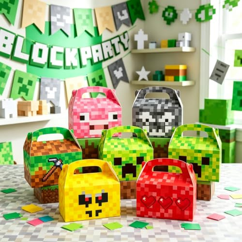 JeVenis Pixel Birthday Party Decoration Pixel Boxes Goodies Treats Boxes | Miner Game Decoration Pixel Birthday Party Supplies Game Fans Decors