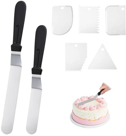 Jeqqinuz 7 Stück Tortenspachtel Tortenmesser Pfannenwender Edelstahl Torten Zubehör Winkelpalette Torte, Kuchenschaber Backutensilien, Enthalten 2 Tortenstreicher und 5 Sahneschaber(Schwarzer Griff)