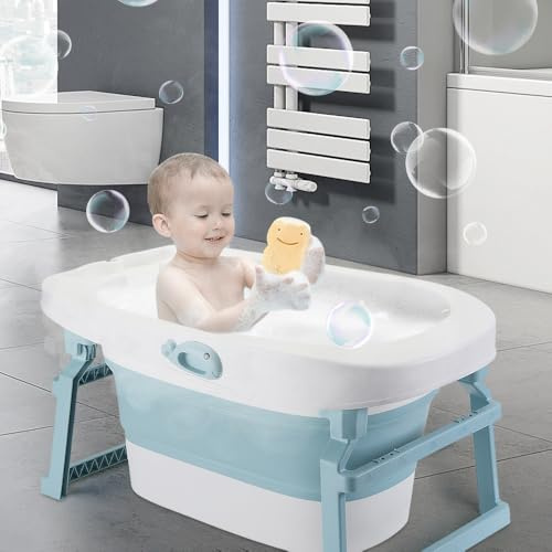 Bañera plegable para bebé XXL, 3 en 1 bañera plegable para recién nacido con taburete de ducha, drenaje rápido, antideslizante, 1 a 7 años (azul, 85 x 55,5 x 43,7 cm)