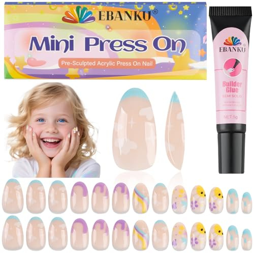 26 Stück Presse auf Nagel Kind, EBANKU Wolke Fake-Nägel für Kinder Mini Klebenagel Mandel Falscher Nagel für Mädchen 6-10 Jahre
