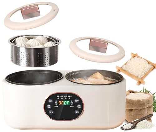 Double Spelling Low Sugar Rice Cooker, 1.8L+1.8l Double Slow Cooker, 1 Steel Cage, 6 Functions, Non-stick Liner, Timer and Keep Warm Function, for Cooking Porridge and Heating Rice