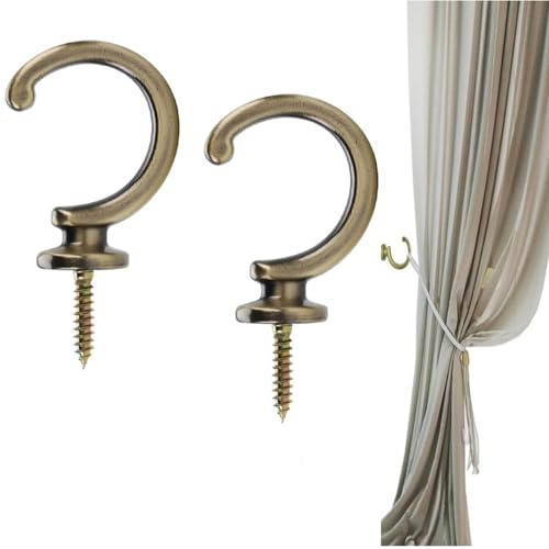 Curtain Tie Back Hooks 2 Pack Heavy Duty - Vintage Brass Screw-in Wall Hooks for Drapes, Coats & Towels | U Shaped Holdback for Window & Shower Curtains