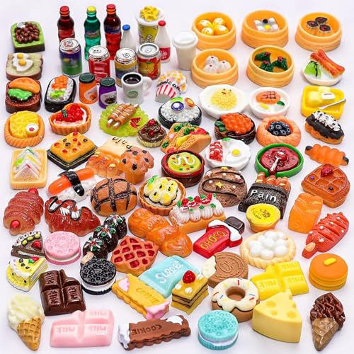100 PCS Miniature Play Food Drink, Toy Kitchen Accessories, Mini Pretend Food Set, Resin Tiny House Dolls House Accessories, Realistic Pretend Foods Play for Dollhouse Kitchen, Kids Educational Toys