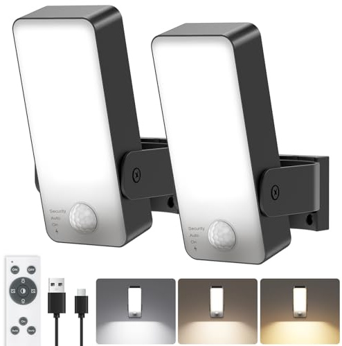 Außenwandleuchte Außenlampe mit Bewegungsmelder, 10000mAh Akku Wandleuchte mit Fernbedienung, 3 Modi 3000K-6000K Timer Led Aufladbare lampe mit bewegungsmelder aussen für Garage, Hof, Haustür-2 Stück