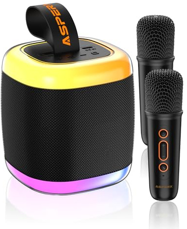 Mini Karaoke Speaker with 2 Wireless Microphones,Voice Effects,Led Lights, Portable Singing Machine for Ages 3,4,5,6,7,8,9,10,11,12+ Years Old Girl Birthday Gift, Kids Karaoke Machine (Black)