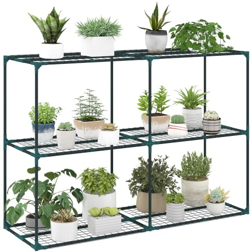 Outsunny 3-Etagen Pflanzenständer 100 cm hoch Pflanzenregal Dunkelgrün | Outdoor Blumentisch mit Regalböden, Mehrstöckig Stahl Wetterfest Blumenregal für Garten Balkon Deko