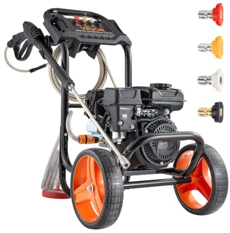 VEVOR Nettoyeur Haute Pression à Essence 200 bar Laveuse Haute Pression Essence Débit Max. 7 L/min pour Voitures, Clôtures, Allées, Terrasses, Meubles, Pompe Aluminium, avec Pistolet et Lance, 4 Buses