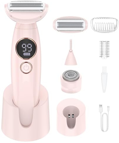 Rasierer Damen,3-In-1 Intimrasierer für Frauen,Gesichtshaarentferner für Frauen,Damenrasierer Elektrisch Nass-Trockenrasierer IPX7 Trimmer Damen,für Bikinizone Achseln Beine,USB-Aufladung,Rosa