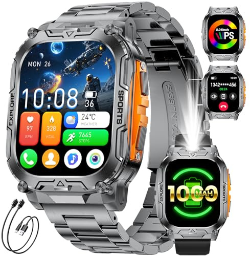 HIRREO 1000mAh Smartwatch Uomo, 2.01″ Orologio Smart Watch con Chiamata Bluetooth,Torcia LED Militare Orologio Fitness, 100+ Modalità Sportive,Sonno/Cardiofrequenzimetro, IP68, Android iOS, Nero