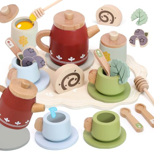 Masonbaby Juego de té de Madera para Niños, Juego de té Infantil Juguetes Cocina Infantil, Tetera y Tazas Juguete Accesorios Cocina Juguetes Fiesta de Cumpleaños Regalo Rojo