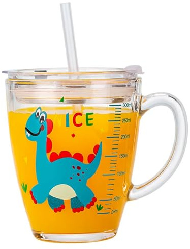 Tazza con beccuccio in vetro con cannuccia e coperchio - Tazza da latte per bambini da 380 ml, tazze in vetro temperato senza piombo per bambini e adulti, coperchio a prova di perdite, manico facil