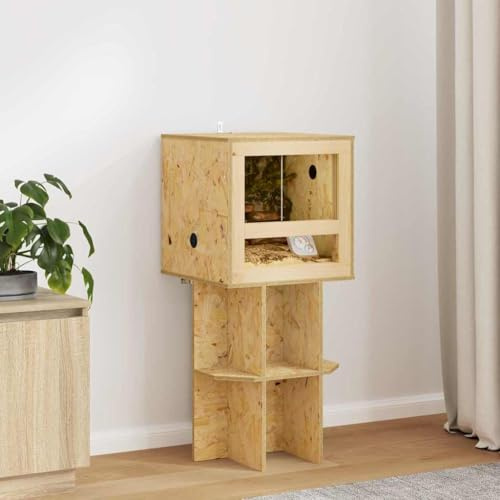 GeenYuu Terrarium brun av OSB-trä med glasfönster 40 x 40 x 90 cm, rymlig reptilinhägnad för bartagamn, orm, gecko och amfibier, rustik livsutrymme med ventilation för uppfödning och hållning