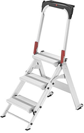 Hailo ST100 TopLine, Alu-Sicherheitstreppe, XXL Alu-Sicherheitstreppe mit klappbarem Sicherheitsbügel, Aluminium, 3 Stufen, silber, 8883-001