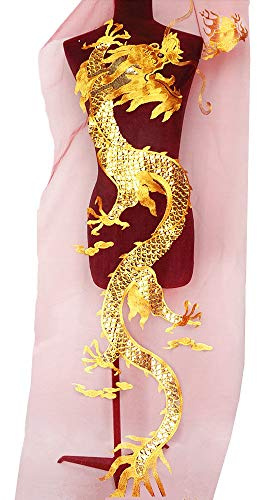Dreamshome 135 cm x 40 cm große Pailletten-Stickerei, chinesischer Drache, Spitze, Applikation, Stoff zum Annähen, Kragenflicken für Hochzeitskleid, Kleidung zum Basteln