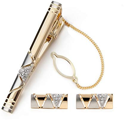 BagTu Two Tone Manschettenknöpfe und Krawattenklammer-Set mit Geschenkbox und Grußkarte, stilvollen goldenen Manschettenknöpfen und Krawattenklammer-Geschenkset für Herren