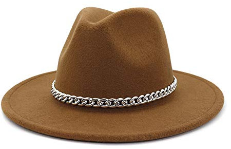Gossifan Panama Fedoras Hut mit breiter Krempe, Filzhut mit Kettengürtel für Männer und Frauen - Braun - 56/58 cm