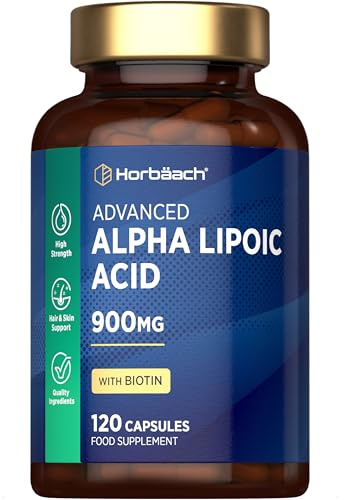 Alpha Lipoic Acid 900mg | 120 High Strength ALA Capsules | Complex with 999ug of Biotin | by Horbaach